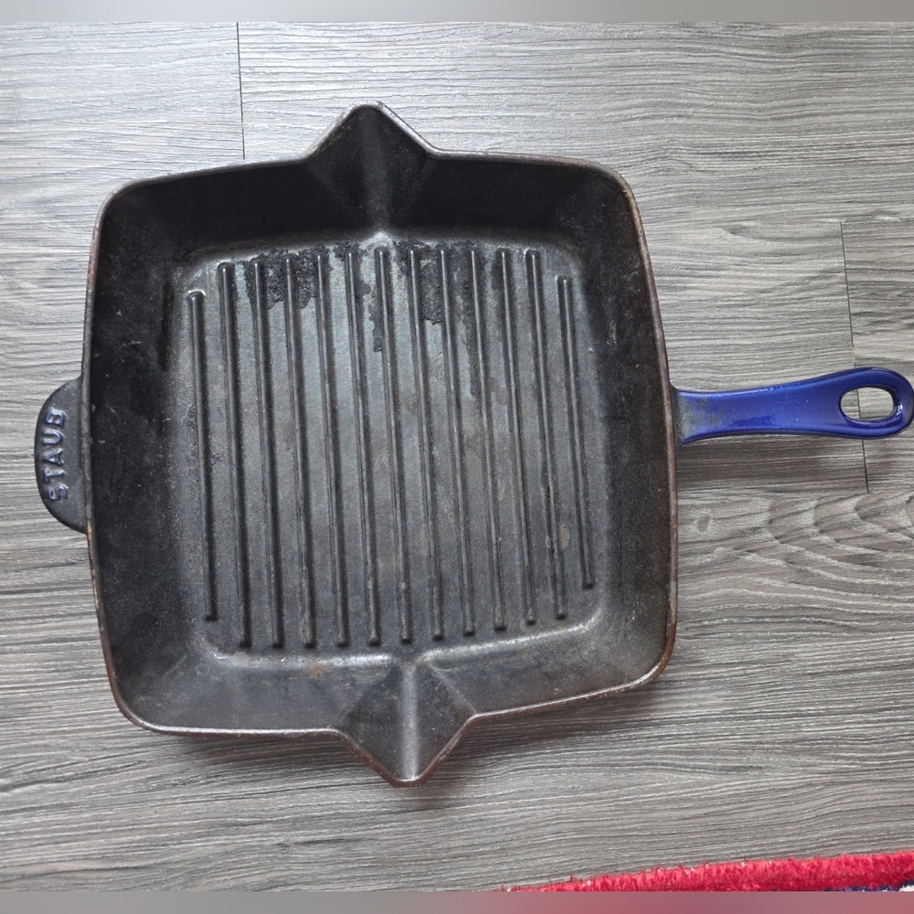 Staub Cast Iron Skillet Square Grill Pan #26 Collectible 12" France Blue READ